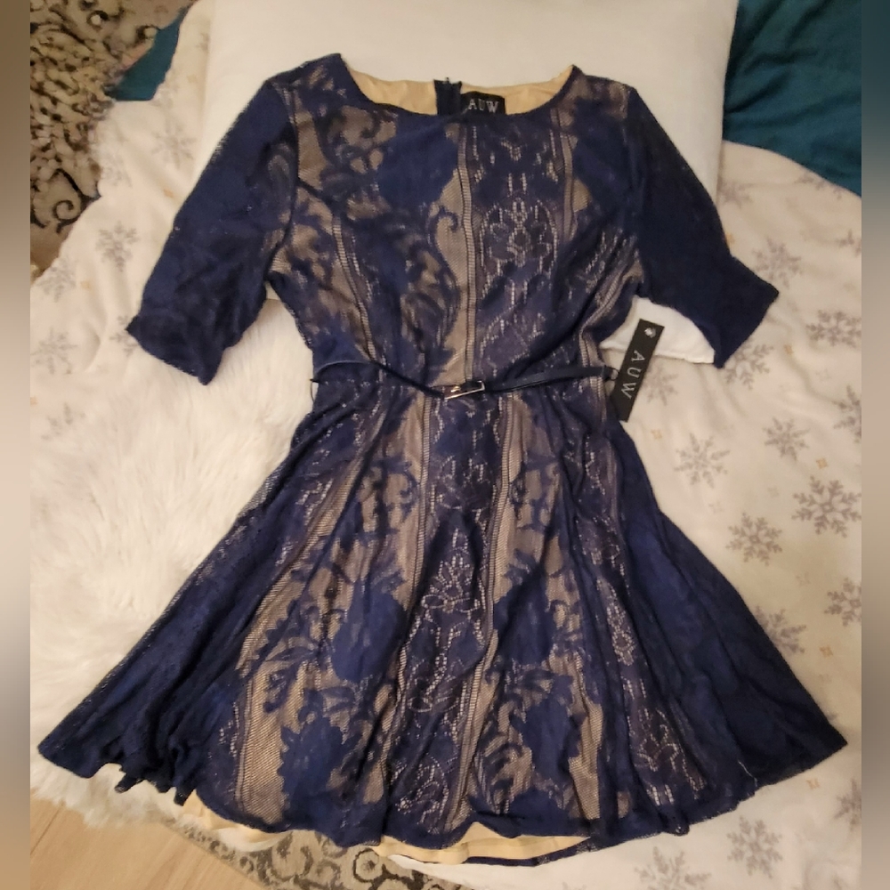 AUW navy blue dress with belt size 8